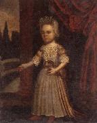 unknow artist Portrait of a young girl,full length,holding a toy dog and a bunch of cherries,set beside a partly-draped red curtain USA oil painting reproduction